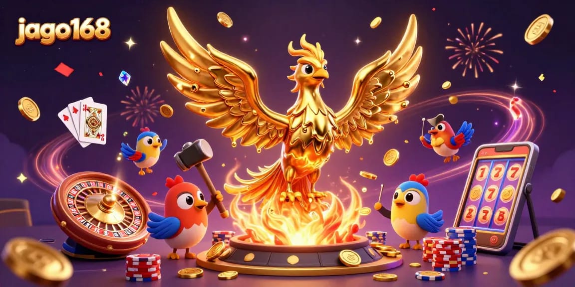 Experience thrilling wins at jago168, where a golden phoenix and sparkling coins light up the gaming world.
