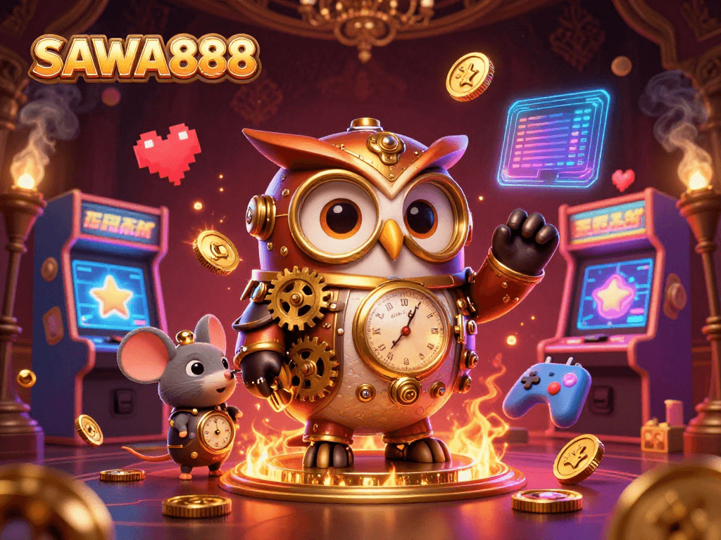 Engage with SAWA888’s vibrant casino scene featuring steampunk characters and arcade games.