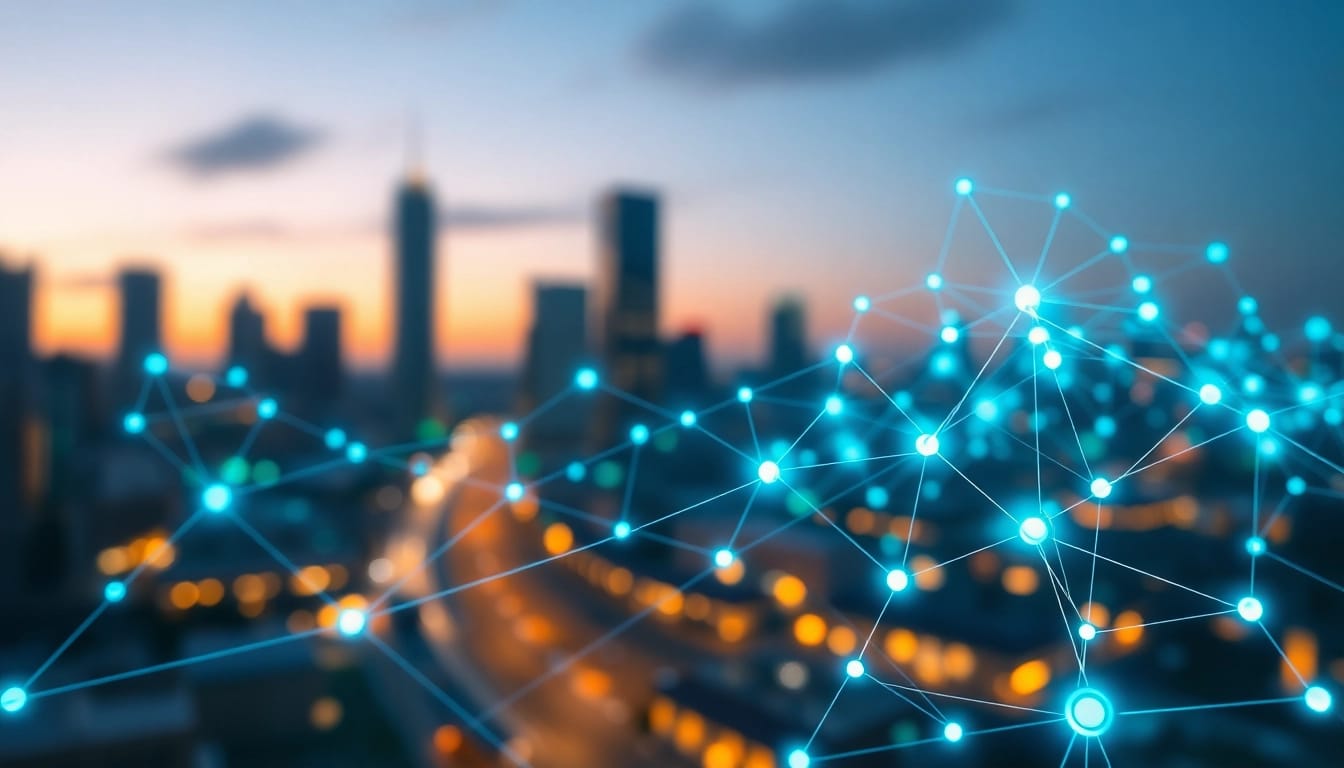 EORMC showcases a dynamic blockchain network with interconnected nodes and a city skyline background.
