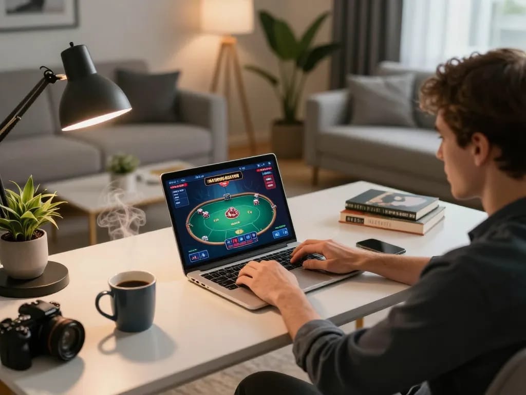 Engaging in online poker gaming with link lc88 while seated at a modern desk