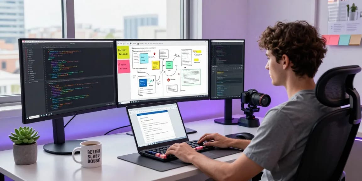 Developer crafting open claw skill in a modern workspace with multiple screens and a vibrant atmosphere.