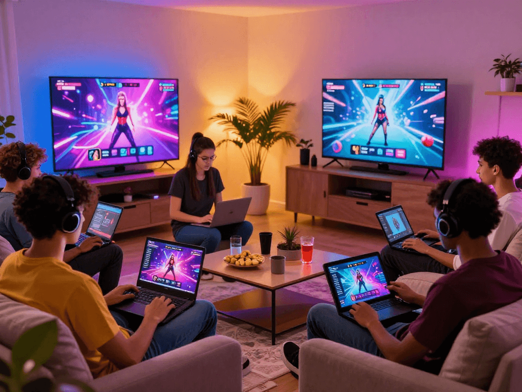 Group enjoying diverse sex games online in a cozy living room
