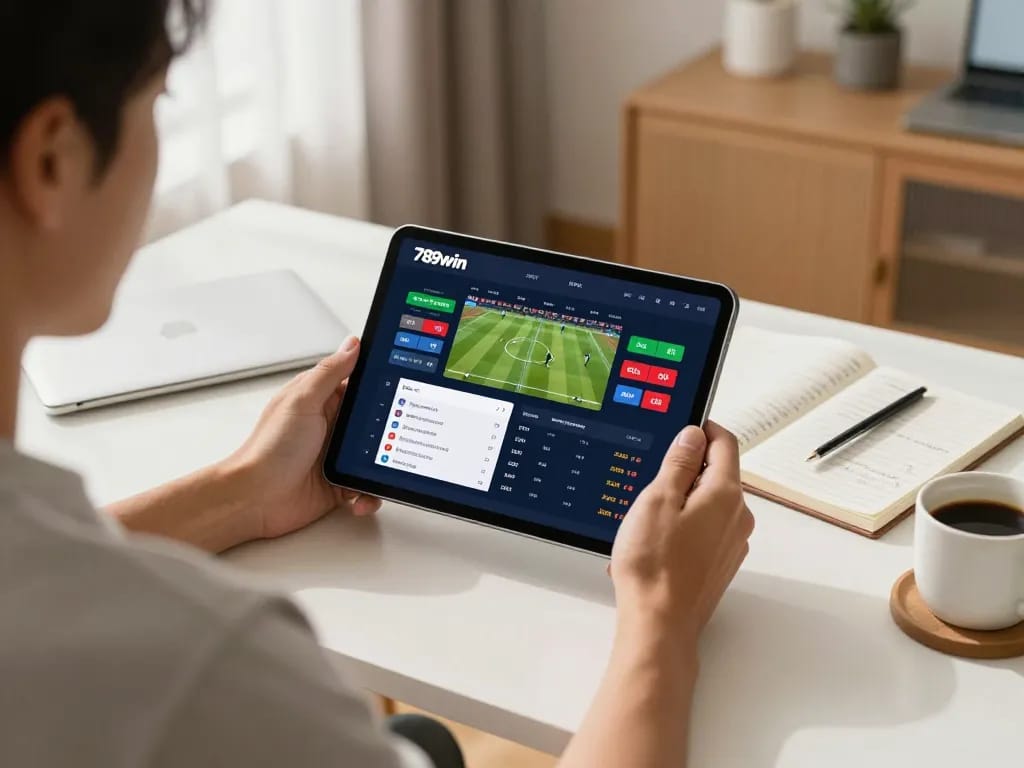 Using the app 789win for sports betting in a stylish home office setting.