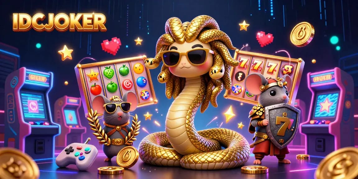 Engage with IDCJOKER gaming features, including slot reels and colorful arcade elements in an energetic scene.