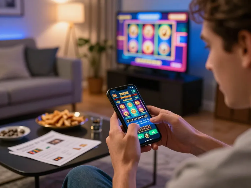 cloud-africa user placing bets on a mobile gaming app in a cozy living room