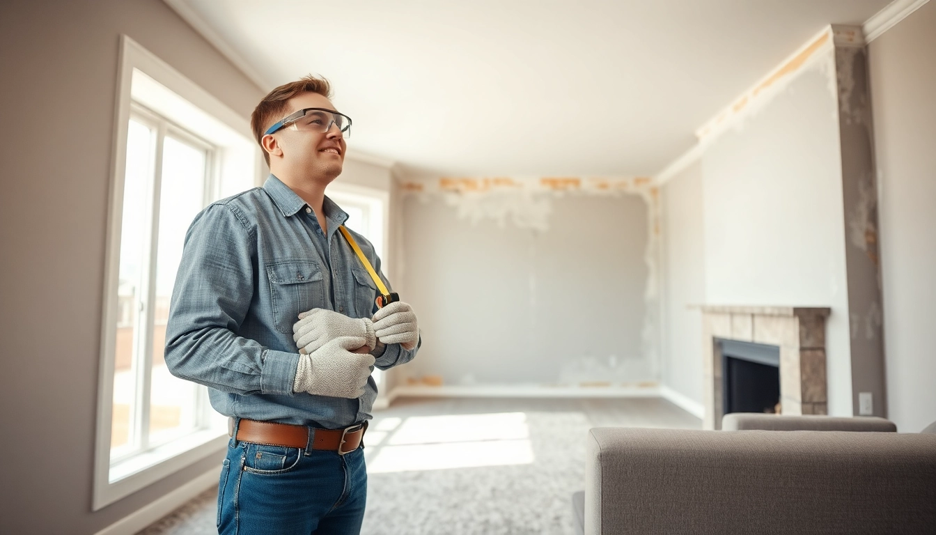 Evaluate spray foam removal estimate in a well-lit living room with a contractor measuring.