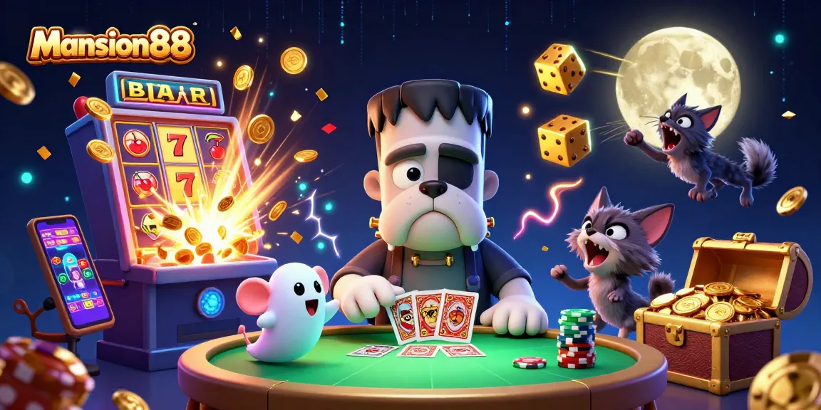 Mansion88 showcases an energetic casino scene with vibrant characters and elements, enhancing online gaming excitement.