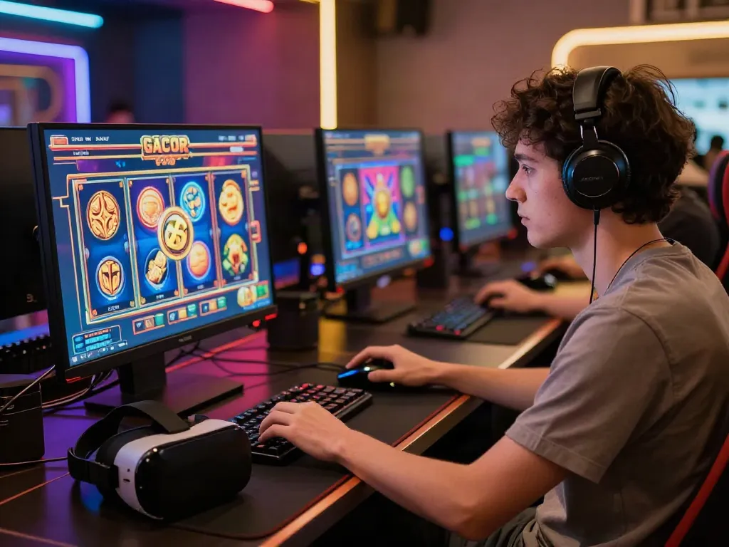 Player enjoying a colorful slot online gacor game in a vibrant gaming setup