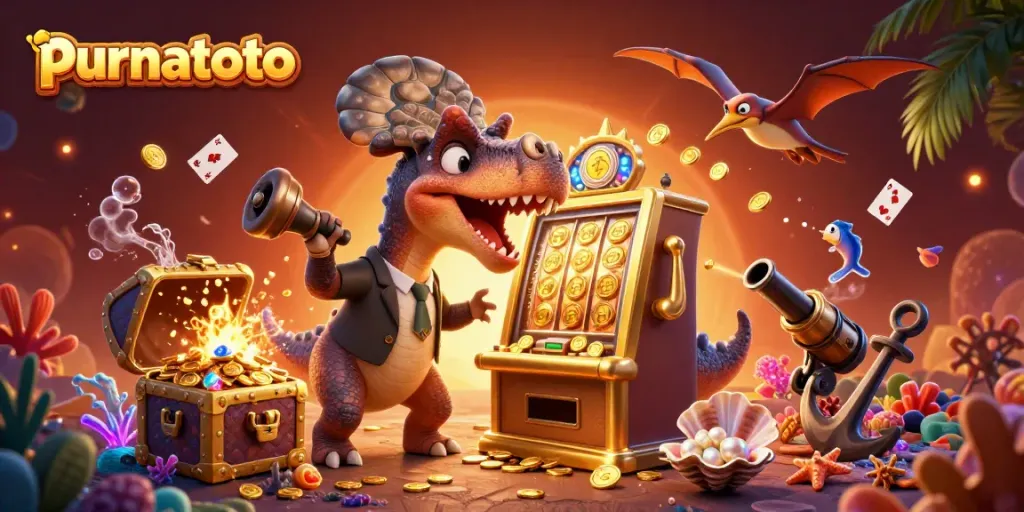 purnatoto menampilkan dinosaur kartun memukul mesin slot emas, memicu kemenangan jackpot, dikelilingi harta karun dan kartu bermain