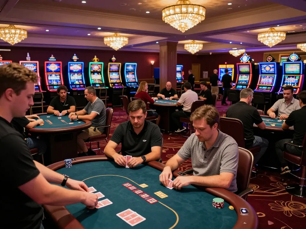 Players enjoying a mini-game experience at an upscale casino, with vibrant lights and engaging atmosphere.