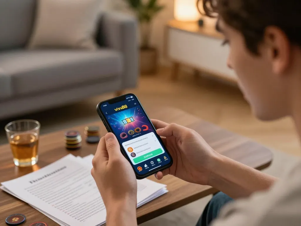 Engaging online gaming session with Vivu88 app on smartphone, showcasing strategic play.