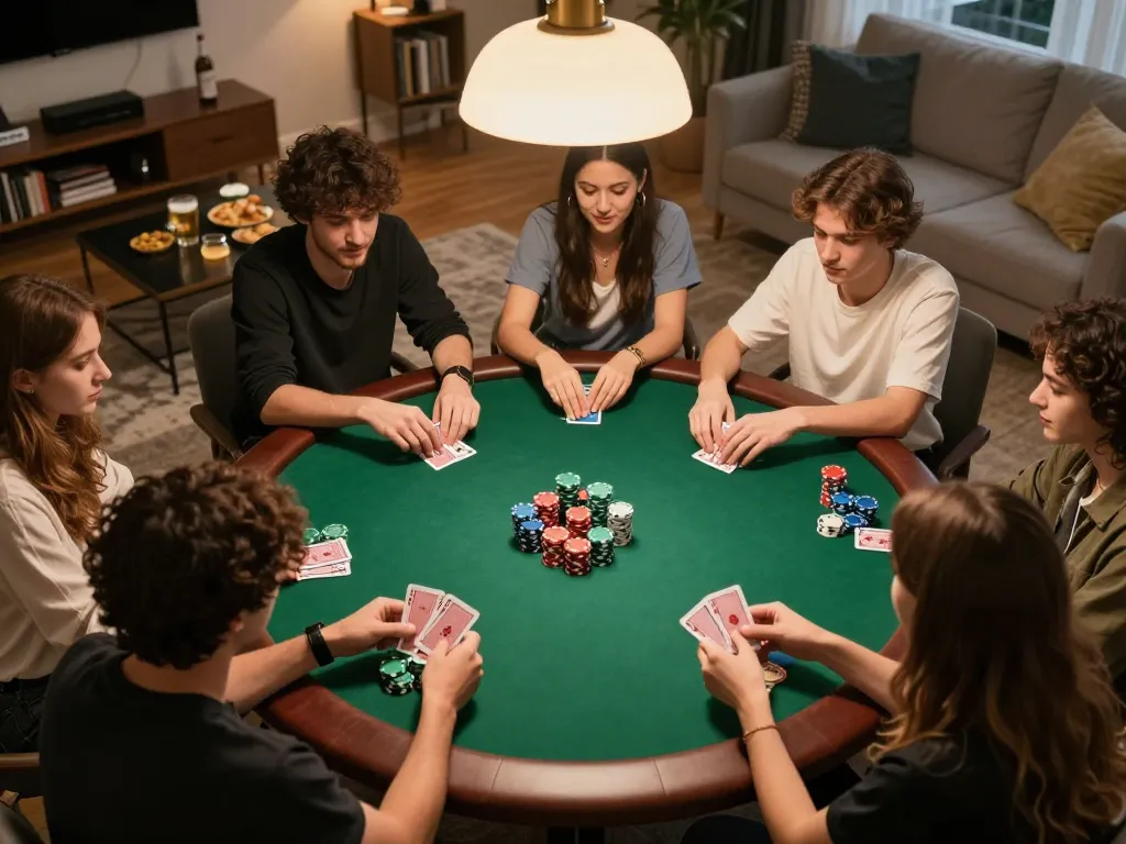 Friends enjoying a lively poker game at home while using ALO8 for strategic betting.