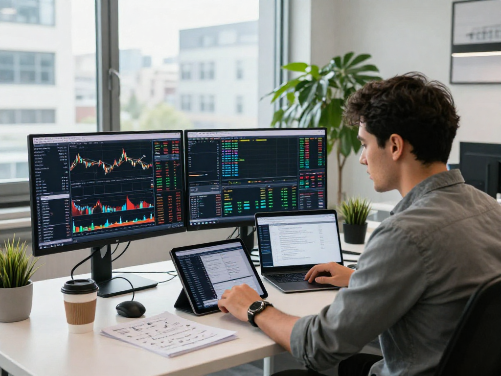 Trader analyzing TradingView charts in a modern office, focusing on market trends