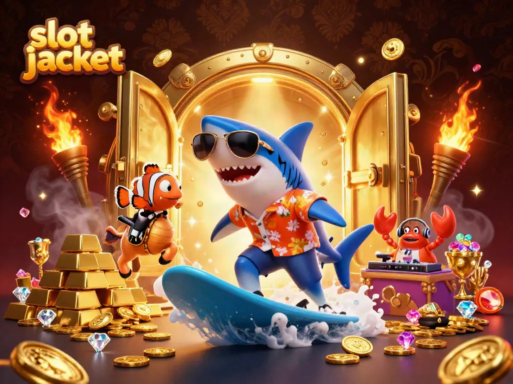 Experience vibrant slot jackpot fun with a whimsical surfing shark and treasure elements.