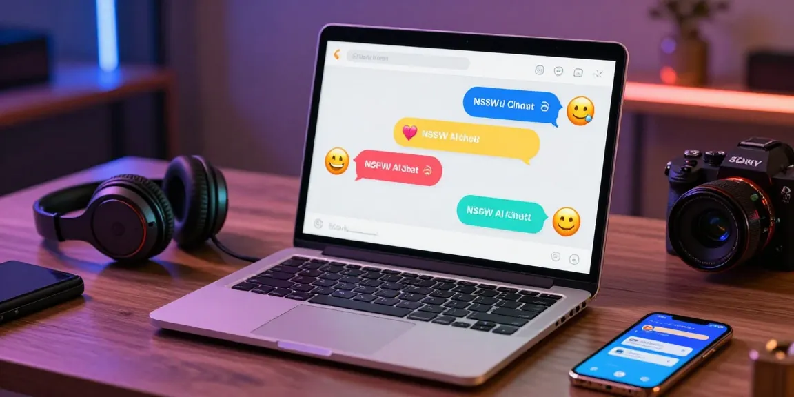 User engaging in vibrant nsfw ai chat on a modern laptop surrounded by colorful chat bubbles and playful emojis.