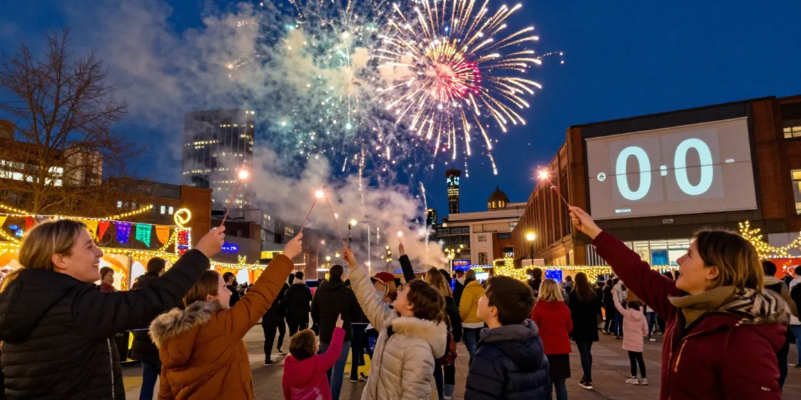Manchester fireworks display illuminating celebrations with families enjoying the show during New Year's Eve.