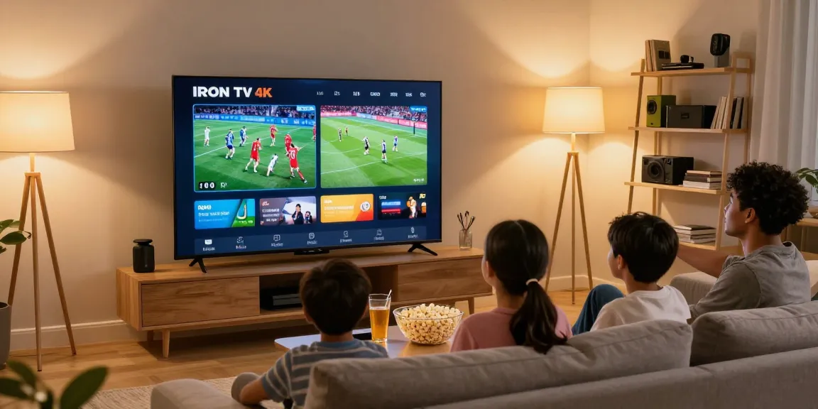 Family enjoying IRON TV streaming 4K content in a cozy living room.