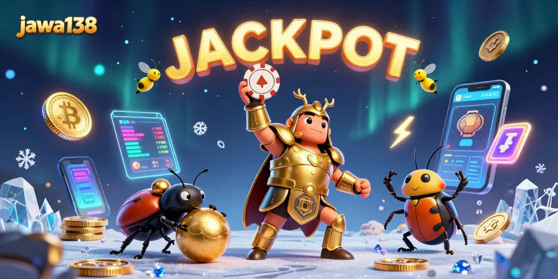 Experience excitement with jawa138 as a victorious beetle lifts a poker chip amid glowing coins and digital effects