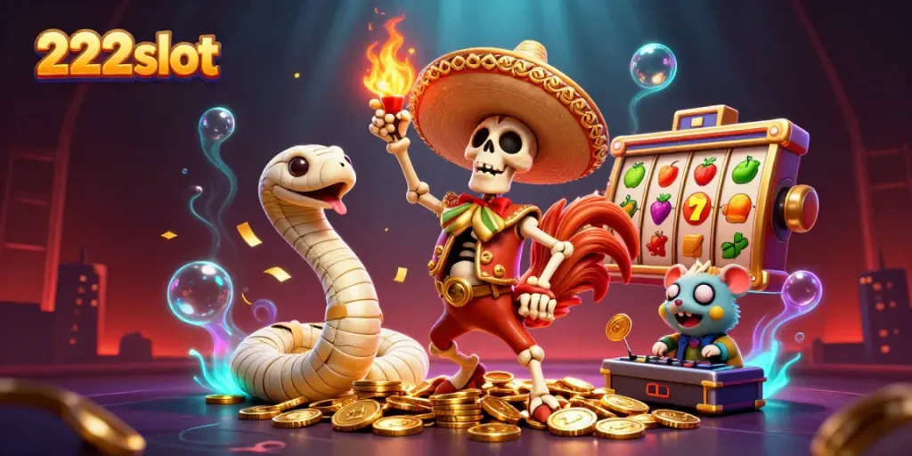 Merayakan kemenangan dengan 222slot, karakter kasino yang penuh warna dan simbol keberuntungan dalam ilustrasi 3D.