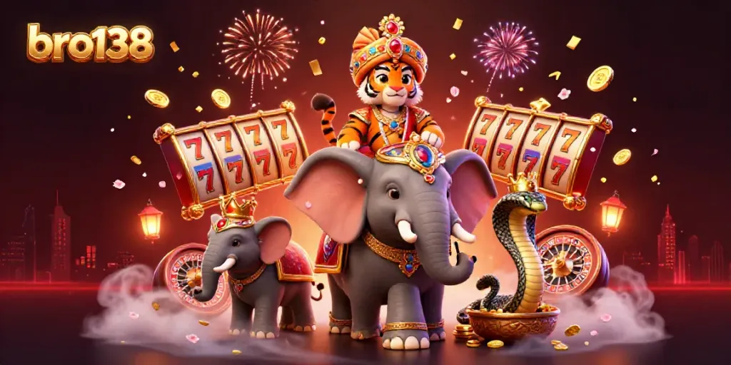 Play exciting games at bro138, featuring an exotic tiger maharaja with a jewel-encrusted elephant.