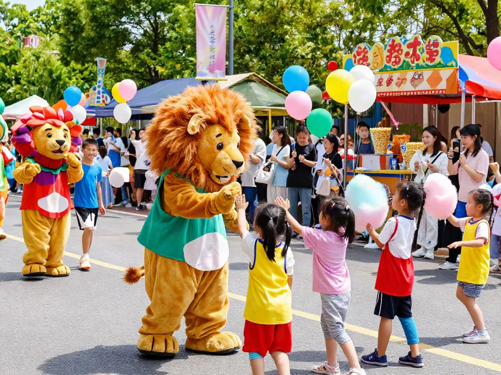 Children enjoying vibrant mascot costumes at a lively festival parade