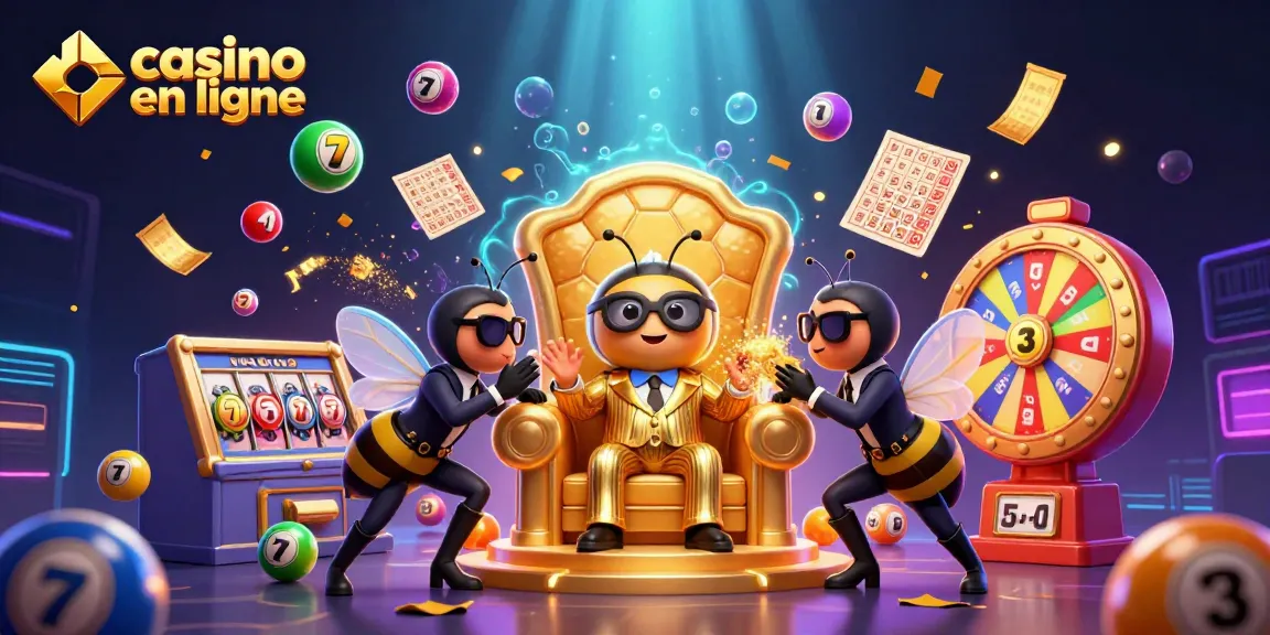 Casino en ligne : illustration 3D d'un boss abeille entouré de jeux d'argent.