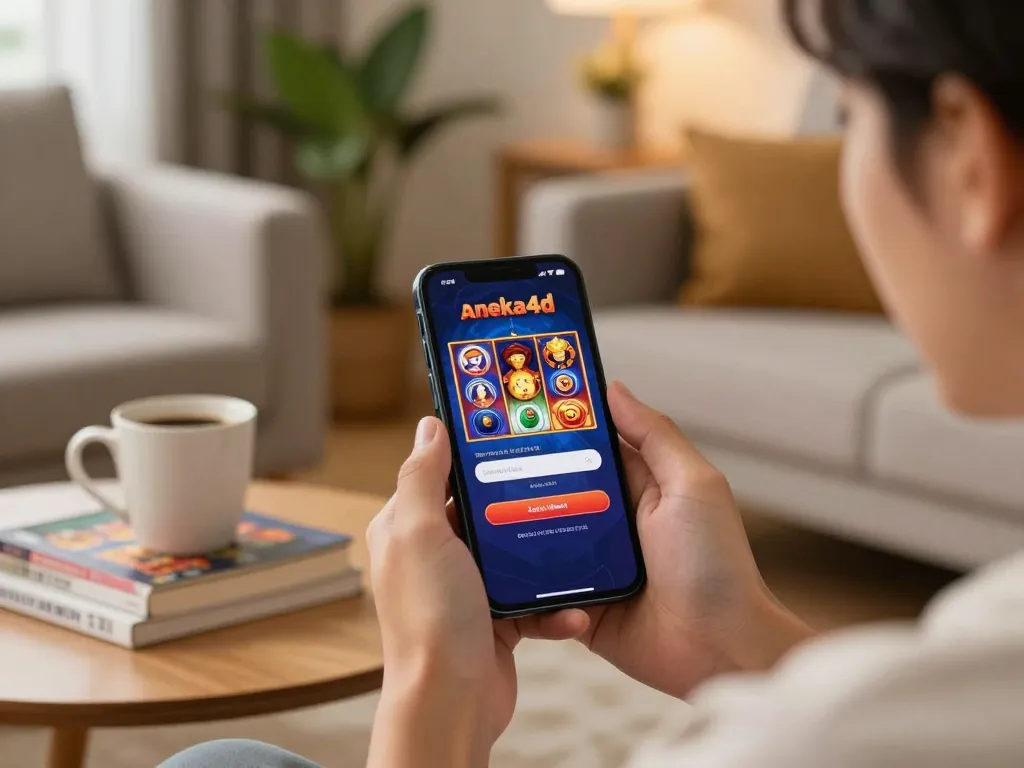Seorang pengguna menggunakan login aneka4d di ponsel pintar mereka saat bermain slot di rumah, menunjukkan pengalaman bermain game seluler yang berwarna-warni.