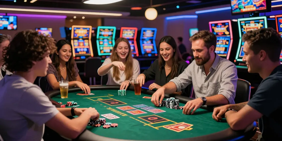 Dynamische Gruppe, die in einem Paysafe Card Casino feiert, lebendige Atmosphäre voller Spiele und Aufregung.