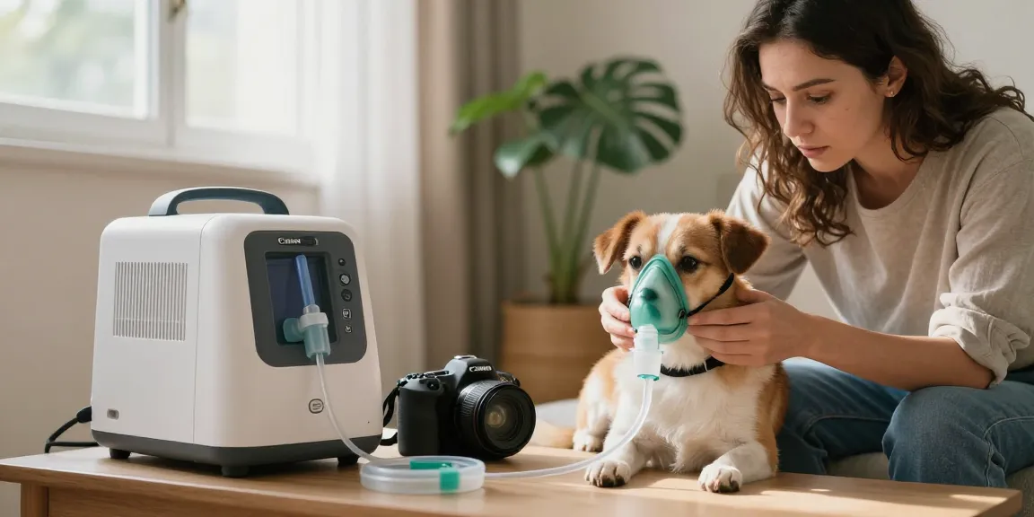 Pet oxygen machine with owner helping a dog breathe better using an oxygen mask.
