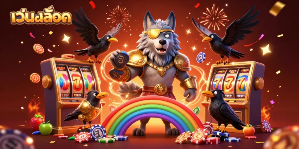 Experience เว็บสล็อต adventure with a Norse wolf and ravens amidst festive casino reels and colorful chips.