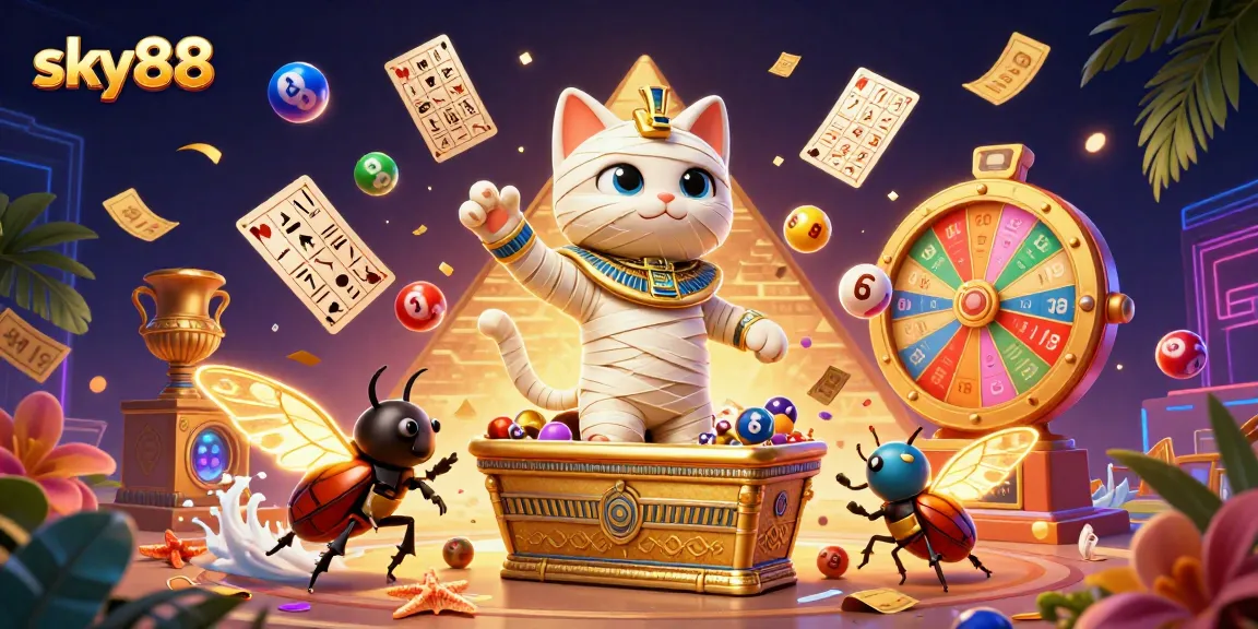 sky88 offers thrilling actions with a cartoon mummy cat and vibrant casino elements.