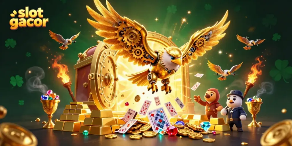 Experience the thrill of slot gacor action with a dynamic scene featuring a golden eagle amid treasures.