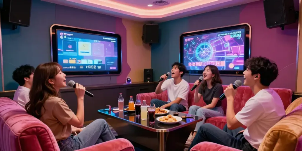 강남도파민에서 친구들과 함께 즐거운 시간을 보내는 모습의 가라오케 룸