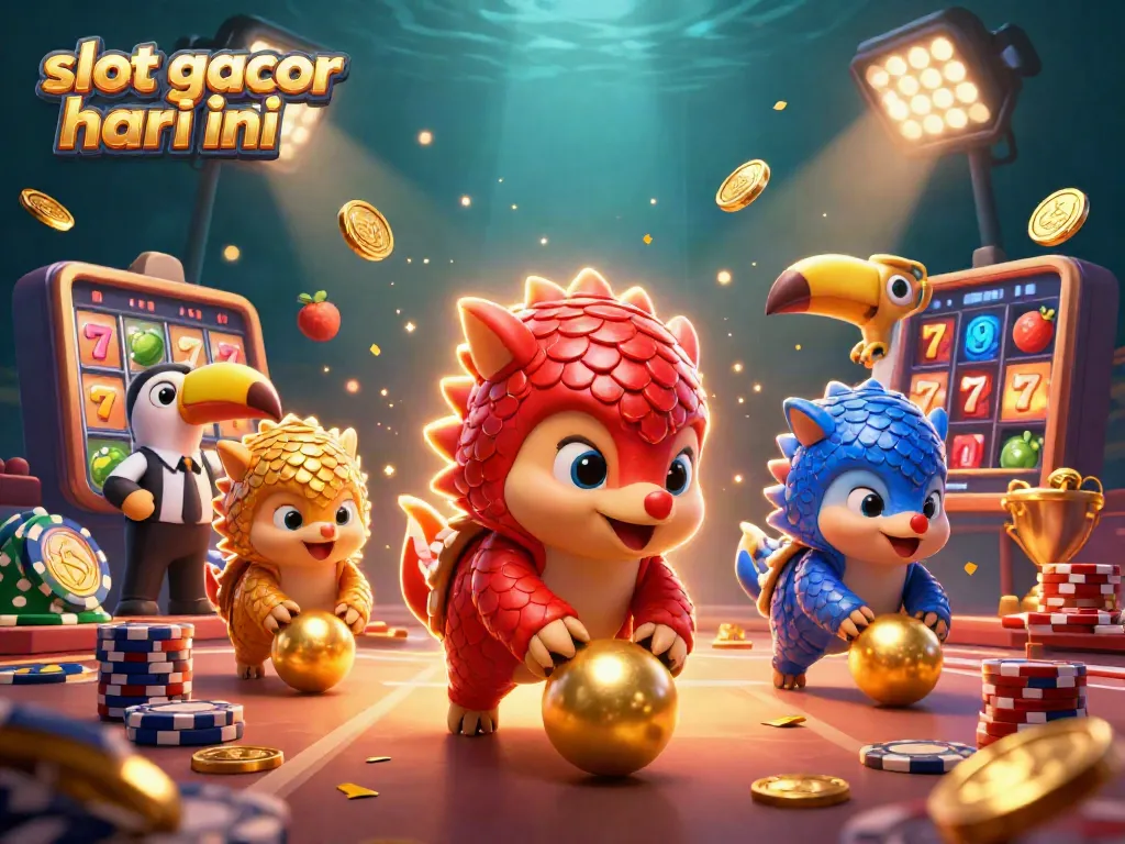 Experience "slot gacor hari ini" in this dynamic scene of rival pangolins rolling into golden balls amid vibrant gaming elements.