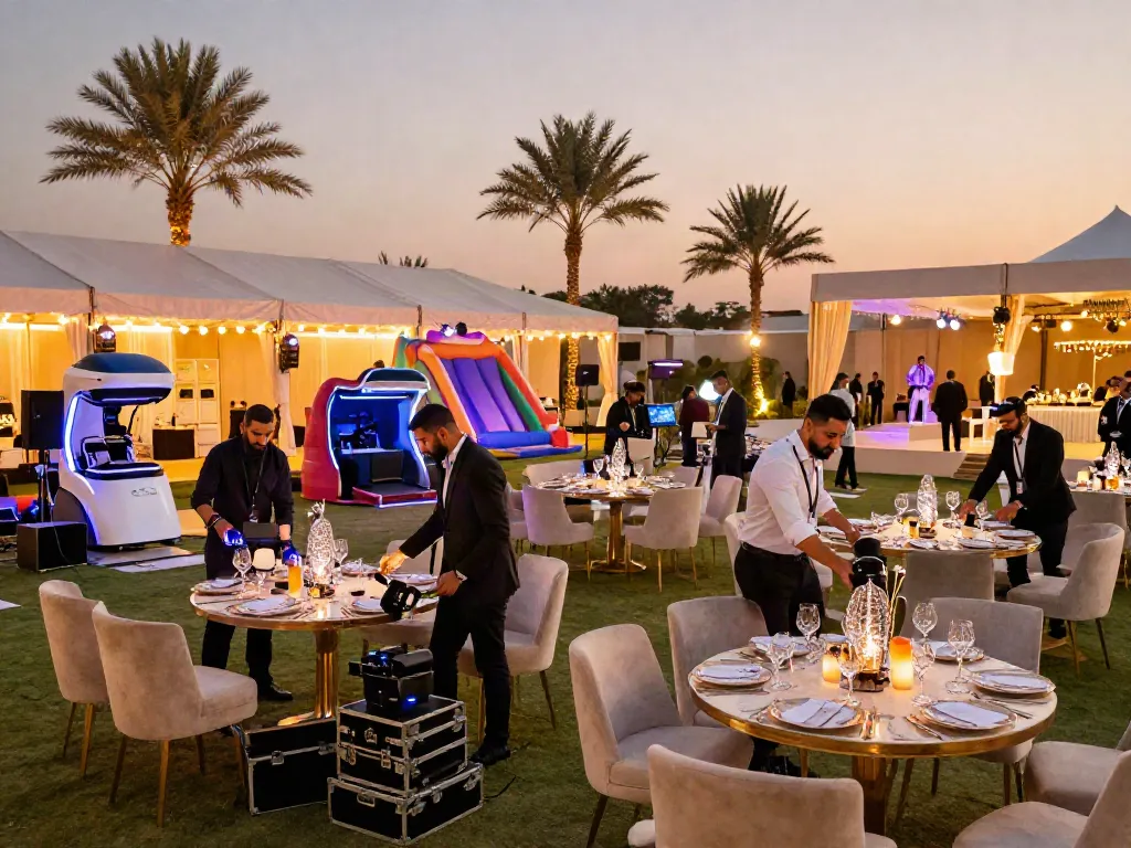 Event rental ksa setup featuring planners arranging luxurious furniture and AV equipment in Riyadh.