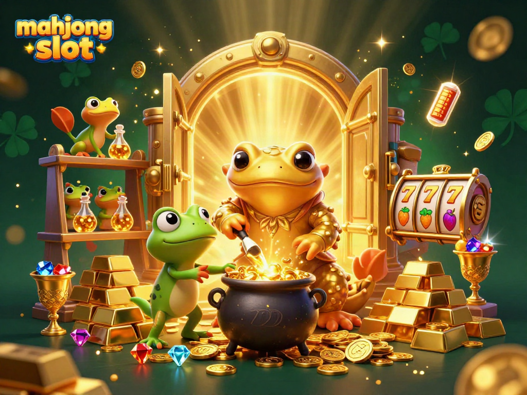 Experience the mahjong slot world with an enchanting cauldron scene, full of gold treasures and gems.