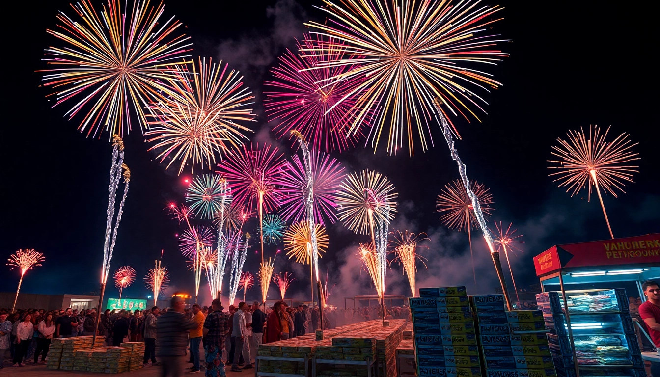 Engaging display of wholesale fireworks lighting up the night sky.