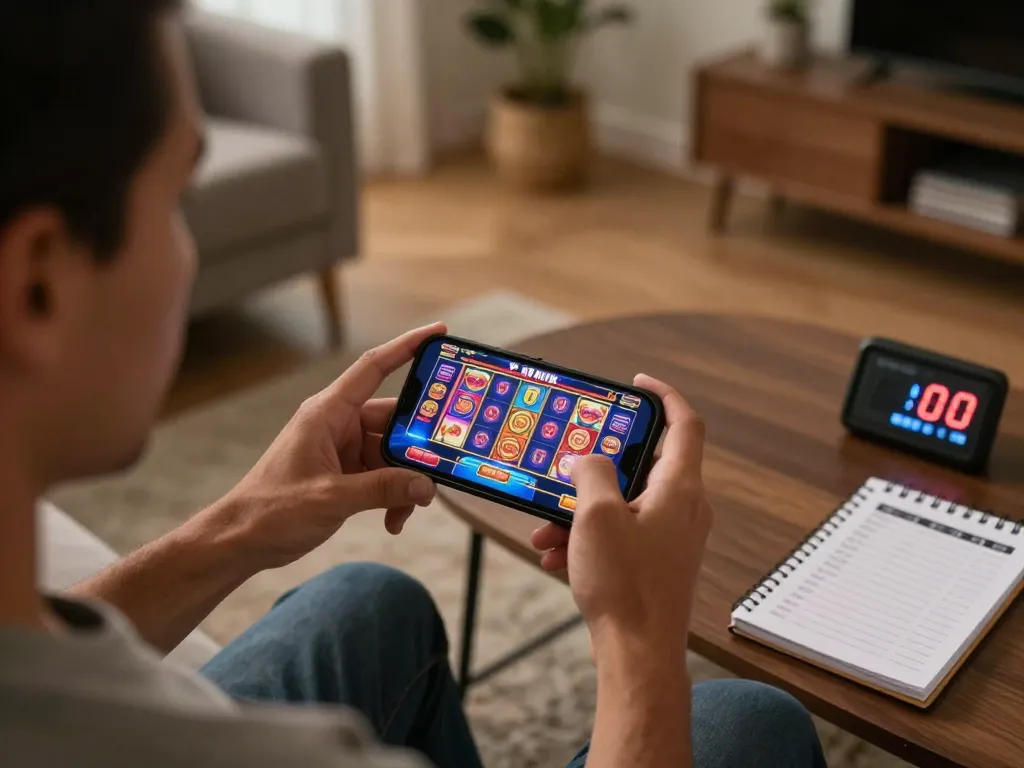 LLwin user playing a mobile casino slot game in a cozy living space, emphasizing interactive fun.