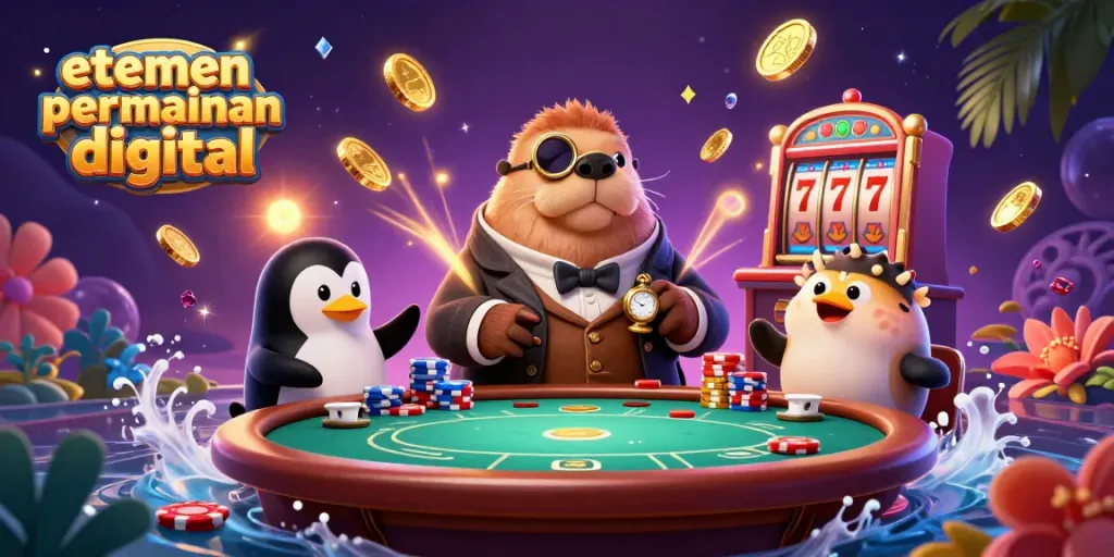 Ilustrasi 3D elemen utama permainan digital dengan walrus, dealer penguin, dan pemain ikan bervolume di meja poker.