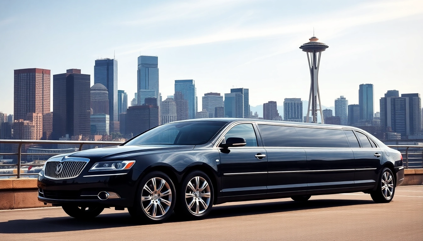 Experience the exceptional vancouver to seattle limo service with a luxury car showcased in a vibrant Seattle skyline.