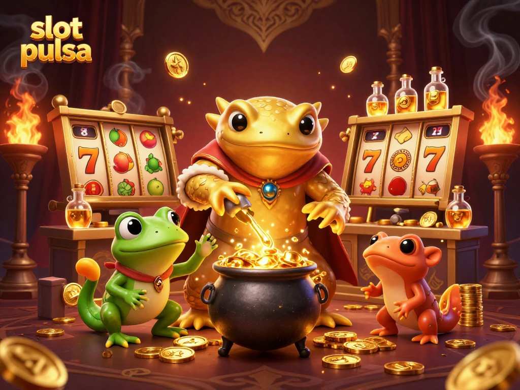 Play exciting slot pulsa with golden salamander alchemist and a frog apprentice in a vibrant, energetic scene.