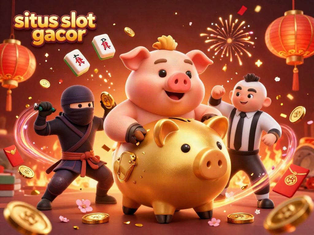 Experience situs slot gacor thrills with a vibrant 3D scene of gaming action and celebration.
