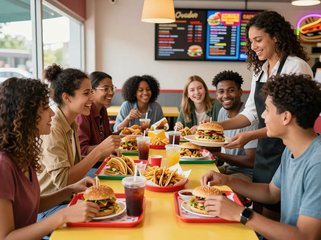 Group of friends enjoying a fast food menu at a modern restaurant with trays of burgers and fries.