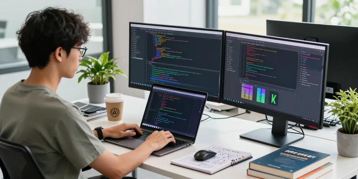 Engaged developer coding in a modern office workspace, illustrating 纸飞机中文版 software development.