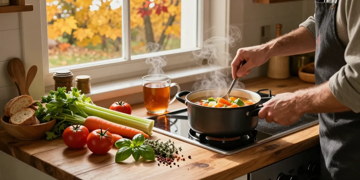 Leckere Zubereitungsszene für Gemüsesuppe, ideal für alle, die Suppe kaufen für gemütliche Herbstmahlzeiten.