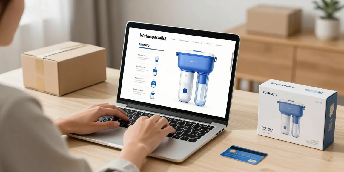 Waterspecialist EDR1RXD1 Water Filter featured in an online shopping scene, showcasing product reviews and best deals on a digital marketplace.