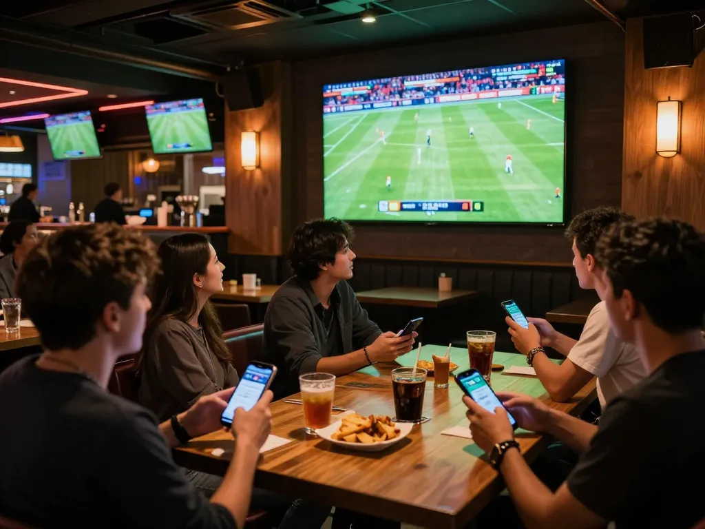 Patrons engage in live betting on fabet while watching sports at a vibrant bar setting.