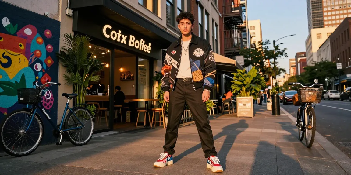 Model dalam pakaian streetwear mewah di jalan kota yang berwarna-warni, mencerminkan gaya luxury111 yang trendy.