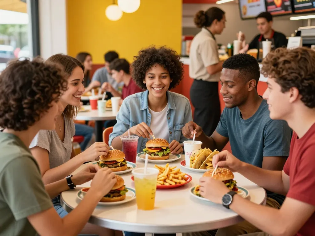Fast food menu items shared among friends in a lively restaurant setting