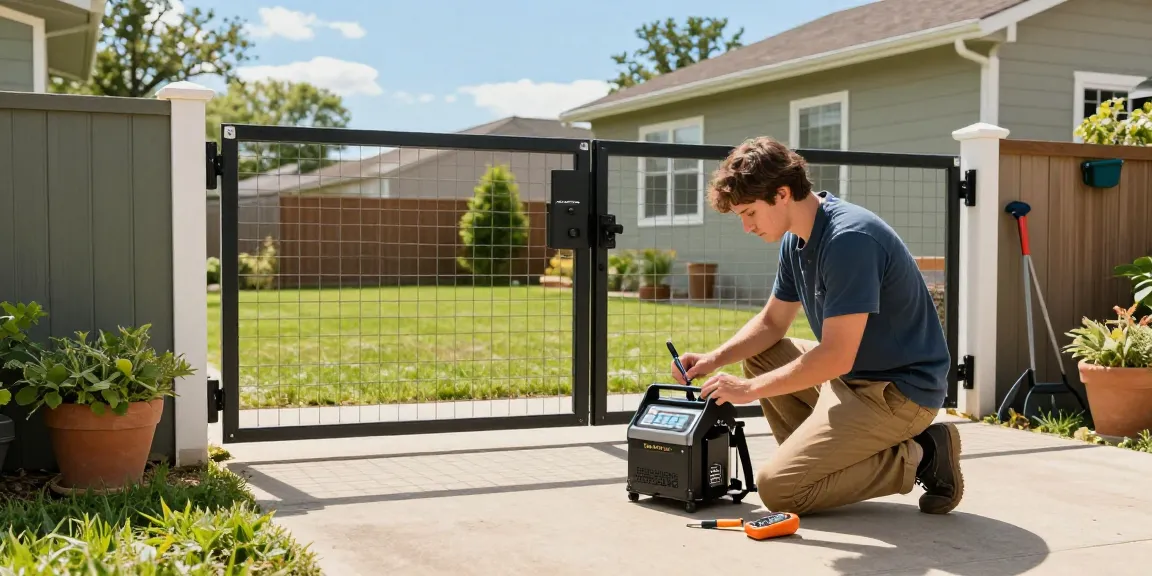 Mighty Mule gate opener not working while a DIY enthusiast troubleshoots in the driveway with tools and sunny surroundings.